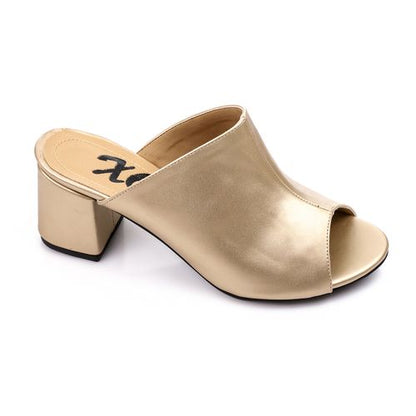 Faux Leather Peep-Toe Block Heel Mules - Gold