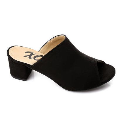 Faux Leather Peep-Toe Block Heel Mules - Black