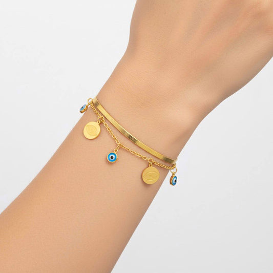 Stainless Steel Double Layer Evil Eye Charm Bracelet – Gold