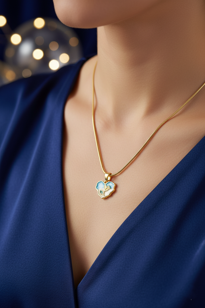 Stainless Steel Enamel Heart Floral Pendant Necklace – Gold