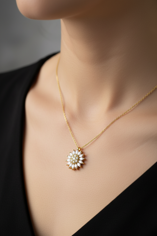 Stainless Steel Crystal Flower Pendant Necklace – Gold