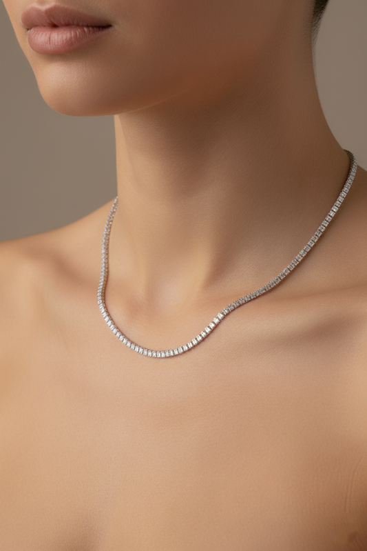 Platinum Tennis Necklace with Crystal Zircon Stones – Silver