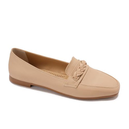 Faux Leather Loafers with Braided Strap - Beige