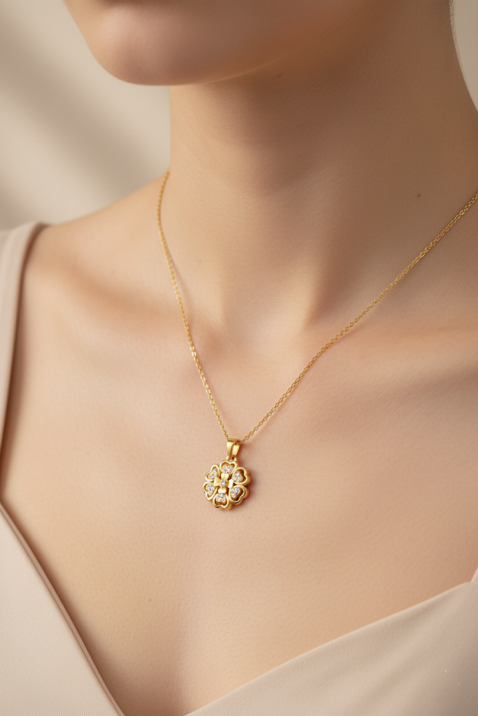 Stainless Steel Crystal Paved Flower Pendant Necklace – Gold