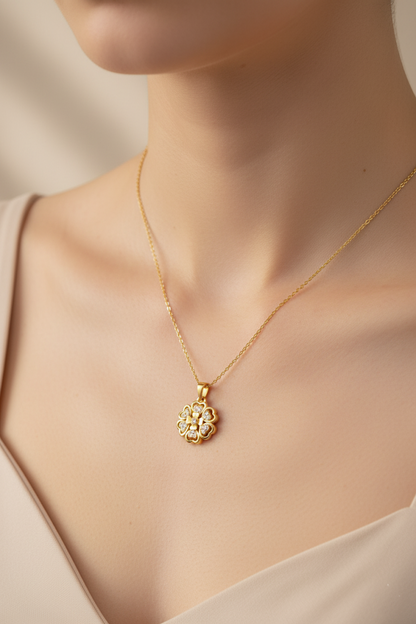 Stainless Steel Crystal Paved Flower Pendant Necklace – Gold