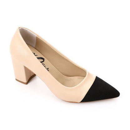 Faux Leather Bi-Tone Cap Toe Block Heels - Beige