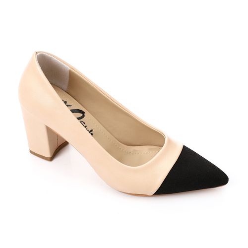 Faux Leather Bi-Tone Cap Toe Block Heels - Beige