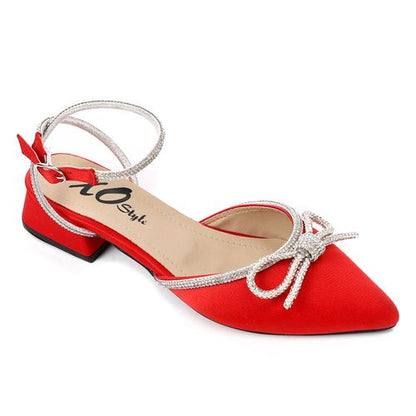 Satin Low Block Heel Shoes - Red