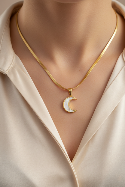 Stainless Steel Crescent Pendant Necklace with Shell Inlay – Gold