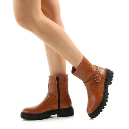Faux Leather Chunky Buckle Boots – Tan