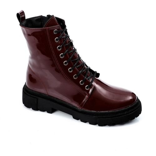 Patent Faux Leather Chunky Combat Boots – Burgundy
