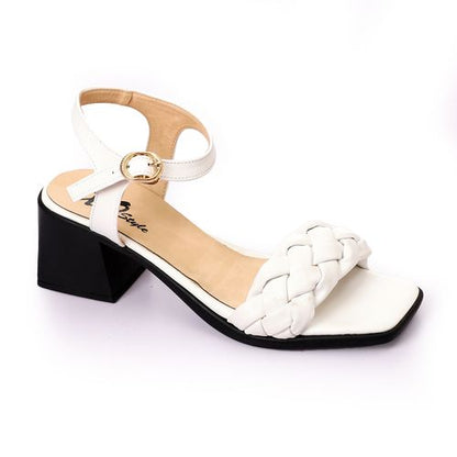Faux Leather Braided Block Heel Sandal - White