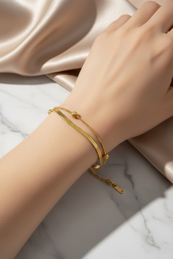Stainless Steel Double Layer Flat Chain Beaded Bracelet – Gold