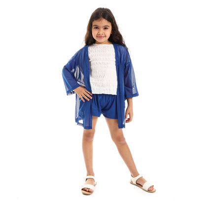 Open Neckline Pique Pattern 3/4 Sleeves Cardigan With Front Pocket Girls Set