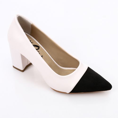Faux Leather Pointed-Toe Block Heels - White