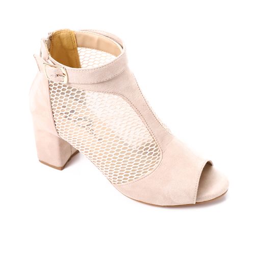 Suede and Mesh Peep-Toe Bootie Sandals - Beige