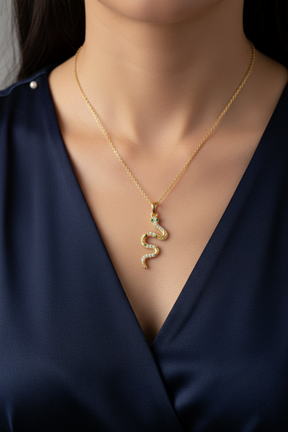 Stainless Steel Crystal Snake Pendant Necklace – Gold