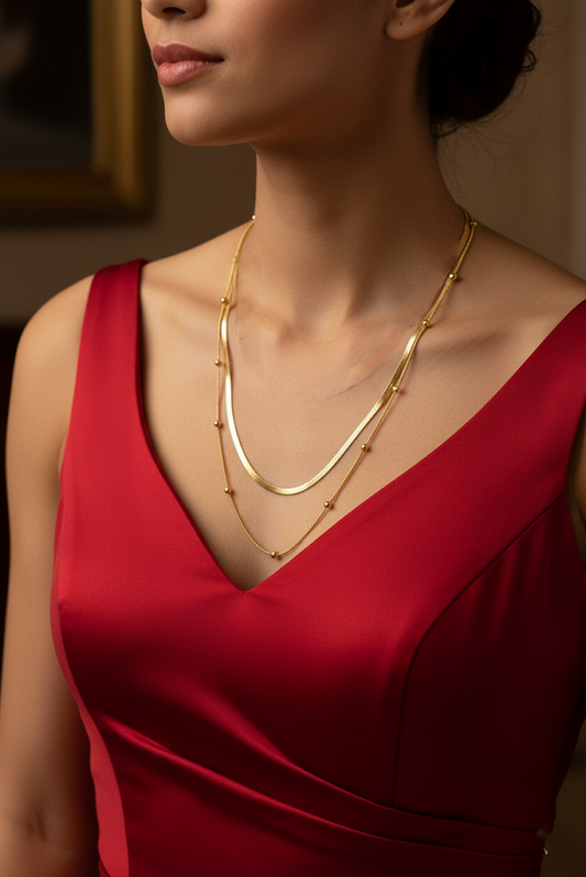 Stainless Steel Double Layer Snake Chain Necklace – Gold