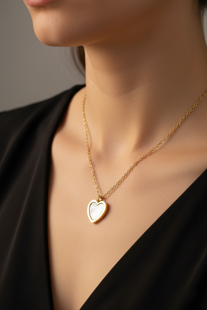 Stainless Steel Heart Pendant Necklace with Shell Inlay – Gold