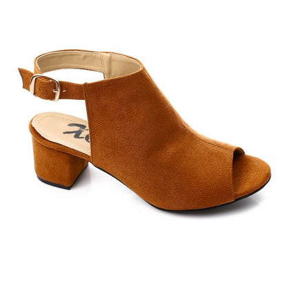 Faux Suede Peep Toe Block Heel Sandal - Tan