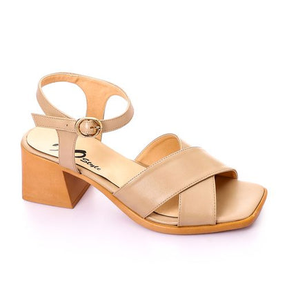 Faux Leather Block Heel Sandal - Beige