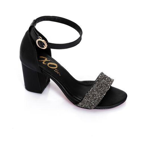 Faux leather Embellished Block Heel Sandals - Black