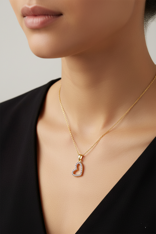 Stainless Steel Pavé Crystal Open Heart Pendant Necklace – Gold