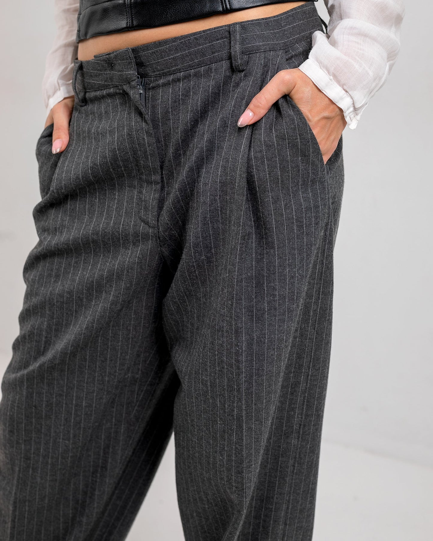Viscose Striped Wide-Leg Trousers - Dark Grey