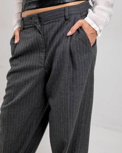Viscose Striped Wide-Leg Trousers - Dark Grey
