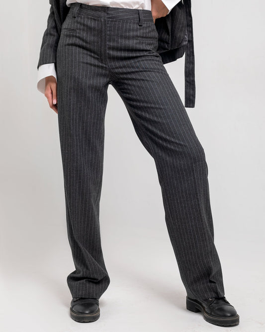 Pinstripe Straight-Leg Trousers - Charcoal Grey
