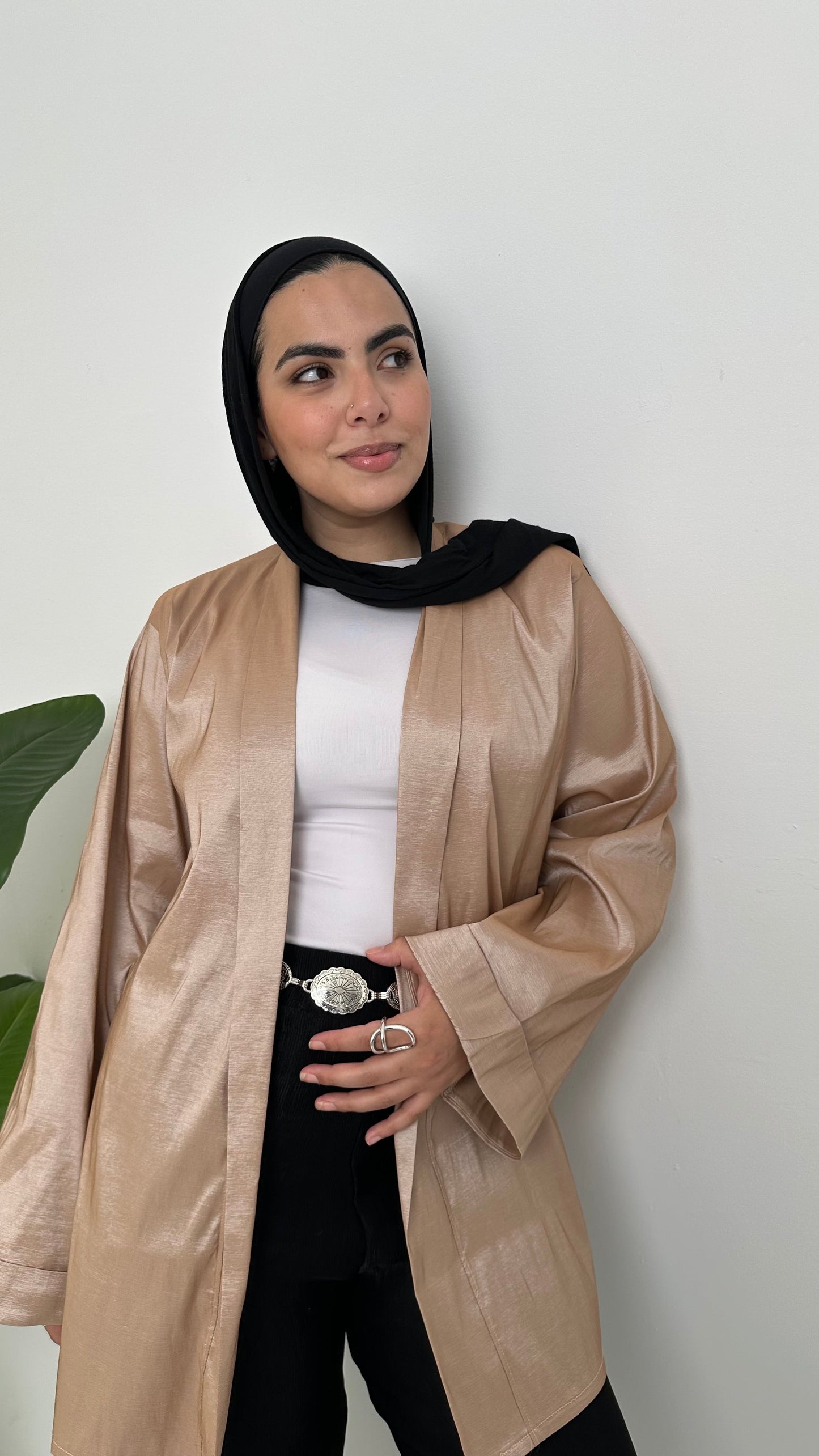 Satin Solid Kimono Jacket – Nude