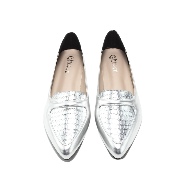 Faux Leather Embossed Ballerinas – Silver