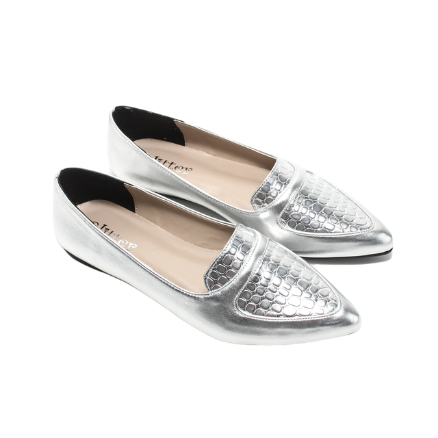 Faux Leather Embossed Ballerinas – Silver