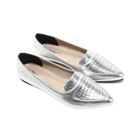 Faux Leather Embossed Ballerinas – Silver