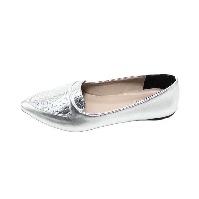 Faux Leather Embossed Ballerinas – Silver