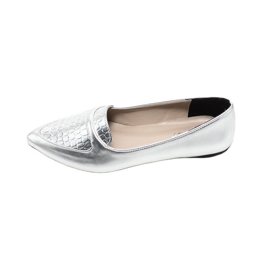 Faux Leather Embossed Ballerinas – Silver
