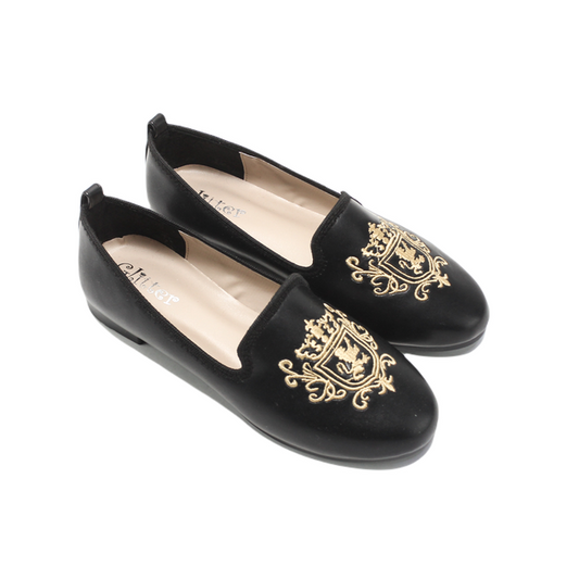 Faux Leather Embroidered Loafer - Black