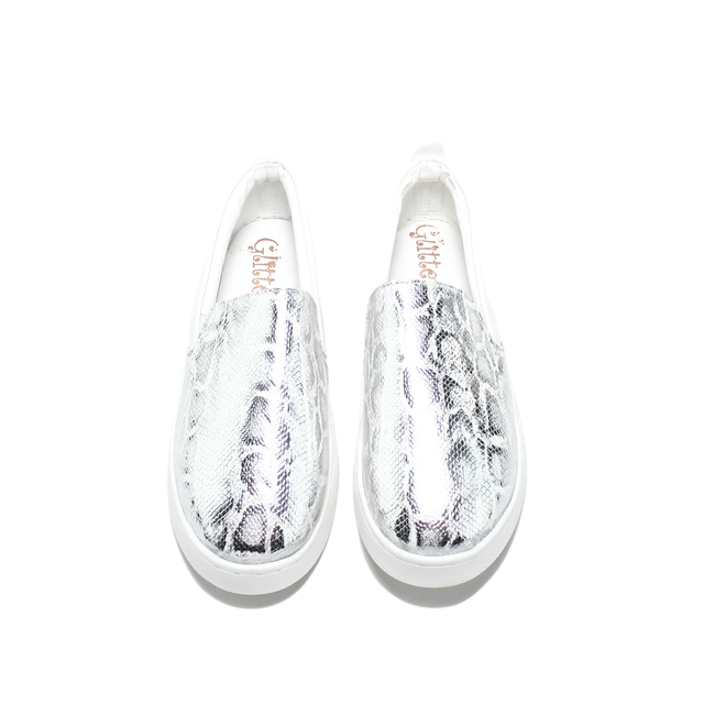 Faux Leather Snake Print Slip-On Sneaker - White/Silver