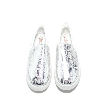 Faux Leather Snake Print Slip-On Sneaker - White/Silver