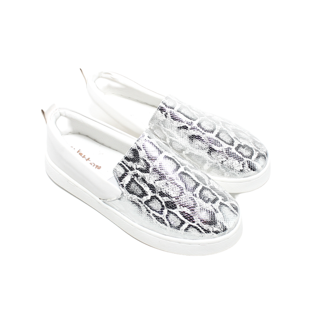 Faux Leather Snake Print Slip-On Sneaker - White/Silver