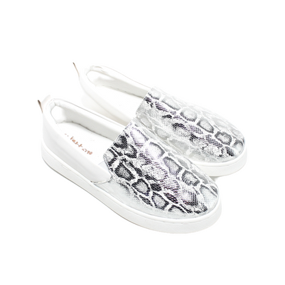 Faux Leather Snake Print Slip-On Sneaker - White/Silver