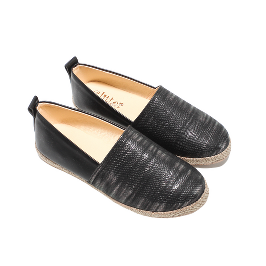 Faux Leather Textured Espadrille Flat - Black