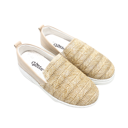 Faux Leather Chevron Woven Slip-on Flat - Beige