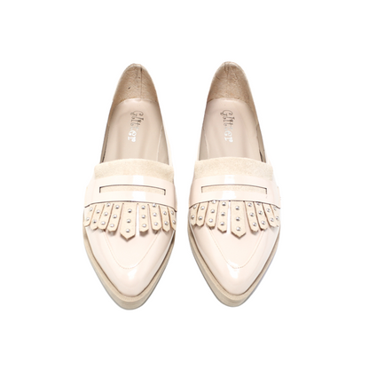 Faux Leather Studded Fringe Loafer - Beige