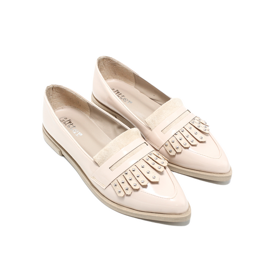Faux Leather Studded Fringe Loafer - Beige