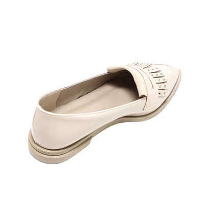 Faux Leather Studded Fringe Loafer - Beige