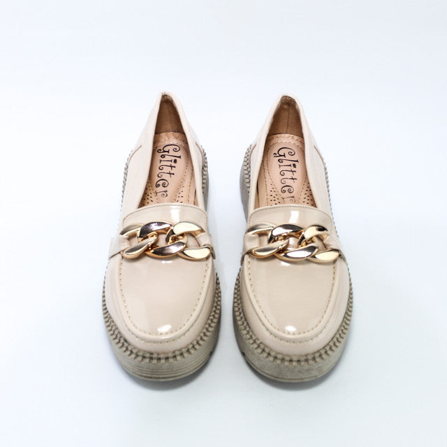 Faux Leather Chain Detail Loafers – Beige