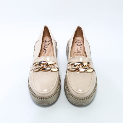 Faux Leather Chain Detail Loafers – Beige