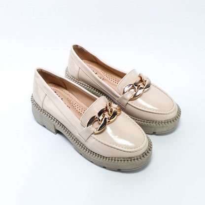 Faux Leather Chain Detail Loafers – Beige