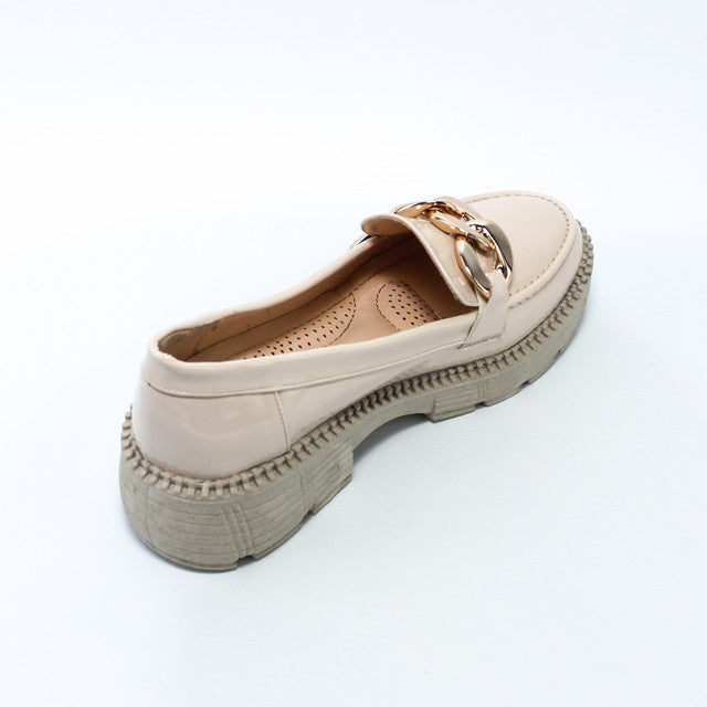 Faux Leather Chain Detail Loafers – Beige